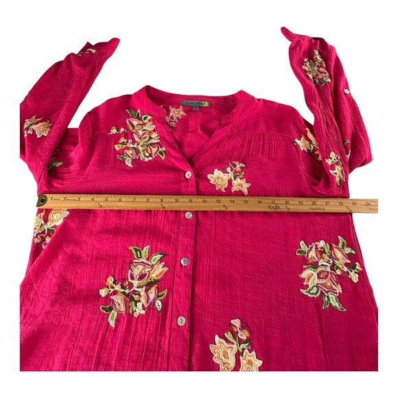 Figueroa & Flower Floral Blouse Pink Embroidered XL Button Roll‎ Tab Sleeve Fig - Picture 8 of 14
